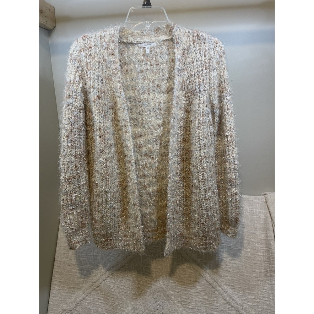 Maurices Cream Tan Gray Variagated Glitter Eyelash Open-Front Knit Cardigan Sz S